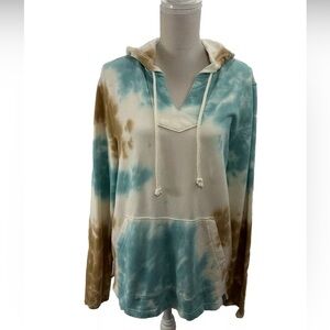 Lucky Brand Tie-Dye V Neck Hoodie Small Blue Tan White